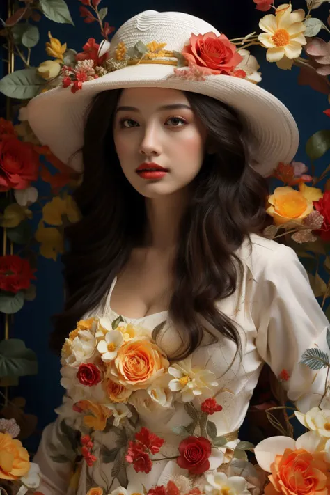 <lora:bj_Alice:0.6>,bj_Alice,upper body,hat flower,cinematic lighting,strong contrast,romantic realism style,high level of detail,(dreamlike scenes),Rose,Yellow flower,Red flower,Make up,jewel,Headwear,