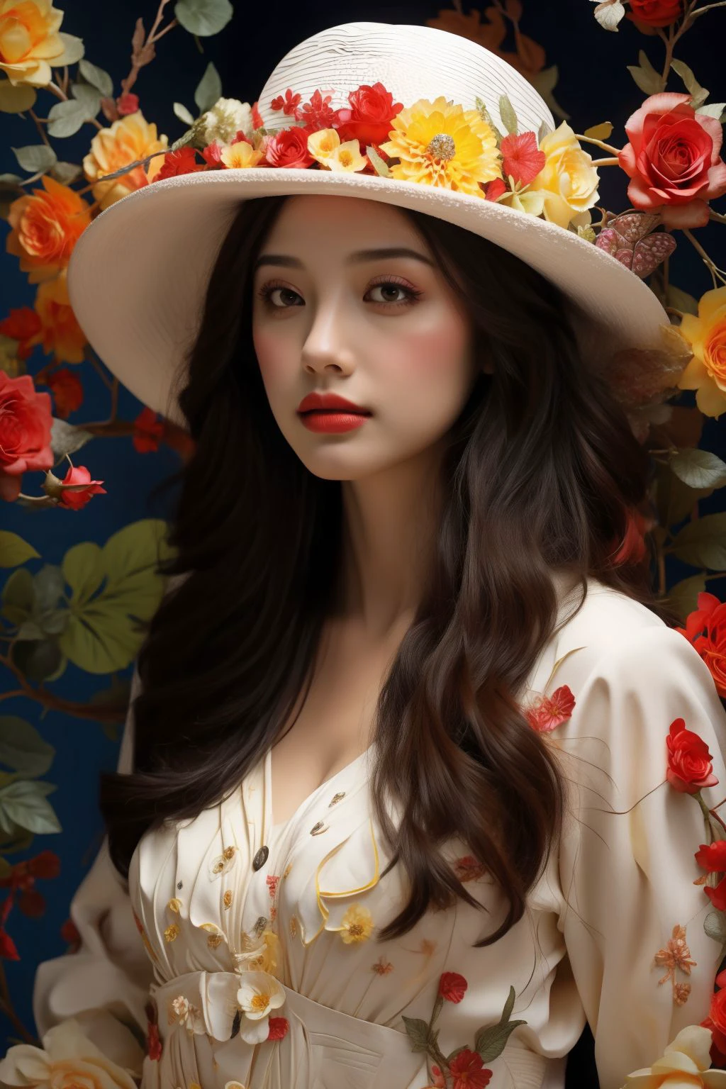 <lora:bj_Alice:0.6>,bj_Alice,upper body,hat flower,cinematic lighting,strong contrast,romantic realism style,high level of detail,(dreamlike scenes),Rose,Yellow flower,Red flower,Make up,jewel,Headwear,