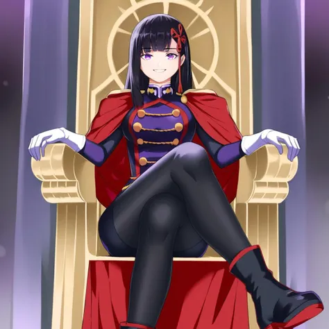 yamashiro768, purple eyes, 1girl, pantyhose, solo, purple eyes, crossed legs, gloves, sitting, smile, black hair, throne, looking at viewer, long hair, boots, white gloves, hair ornament, black pantyhose, bangs, black footwear, cape, breasts