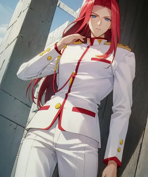 (masterpiece:1.2), best quality, high resolution, unity 8k wallpaper, (illustration:0.8), (beautiful detailed eyes:1.6), extremely detailed face, perfect lighting, extremely detailed CG, (perfect hands, perfect anatomy), touga kiryuu, long hair, red hair, blue eyes, 1boy, uniform, white jacket, white pants, epaulettes, aiguillette, <lora:Touga:1>, outdoors, looking at viewer, cowboy shot