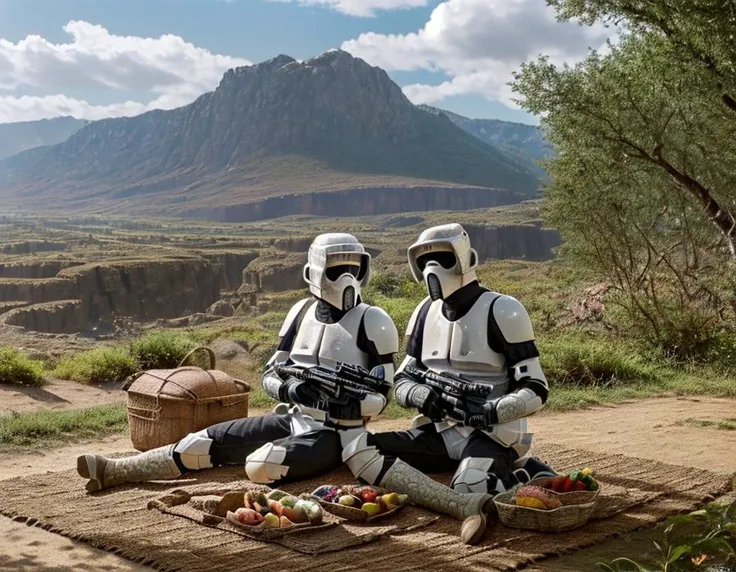 ((full shot:1.3)), ((realistic:1.3)), (masterpiece:1.4), (best quality:1.4), ((sharp focus:1.4)), (low noise, ultra high res:1.2), HDR, Dynamic pose, (((intricate background:1.4))), cinematic light, strong sunlight, ((strong light:1.2)),  <lora:starWarsScouttrooper_v01:0.9>, 2 scout troopers Sitting on a mat and enjoying a picnic at outdoor, mountain, flower field, scouttrooper suit, helmet,mask, ((beautiful scenery:1.3)),