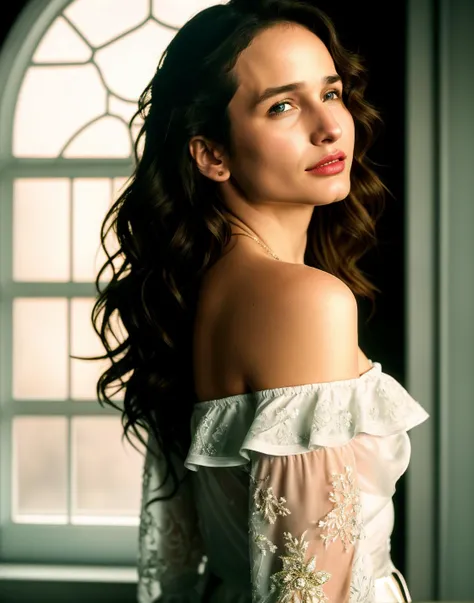 AMAC, HDR photo of beautiful young woman, from behind, looking over her shoulder, perfect eyes, highly detailed beautiful expressive eyes, detailed eyes, fair complexion, light makeup, light colored lipstick, gorgeous off the shoulder blouse, standing in a very dark room, large windows in the background . High dynamic range, vivid, rich details, clear shadows and highlights, realistic, intense, enhanced contrast, highly detailed
