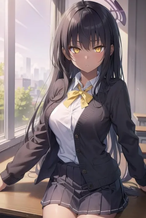 bluearchivekarin, <lora:karin-lora-nochekaiser:1>, 
karin, ahoge, black hair, dark skin, dark-skinned female, halo, long hair, (yellow eyes:1.5),
BREAK cardigan, neck ribbon, pleated skirt, ribbon, school uniform, skirt, blue cardigan, 
BREAK looking at viewer, 
BREAK indoors, classroom,
BREAK <lyco:GoodHands-beta2:1>, (masterpiece:1.2), best quality, high resolution, unity 8k wallpaper, (illustration:0.8), (beautiful detailed eyes:1.6), extremely detailed face, perfect lighting, extremely detailed CG, (perfect hands, perfect anatomy),