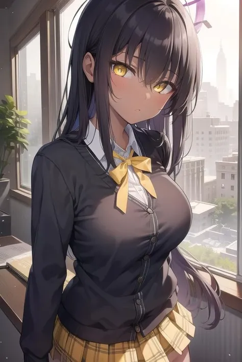 bluearchivekarin, <lora:karin-lora-nochekaiser:1>, 
karin, ahoge, black hair, dark skin, dark-skinned female, halo, long hair, (yellow eyes:1.5),
BREAK cardigan, neck ribbon, pleated skirt, ribbon, school uniform, skirt, blue cardigan, 
BREAK looking at viewer, 
BREAK indoors, classroom,
BREAK <lyco:GoodHands-beta2:1>, (masterpiece:1.2), best quality, high resolution, unity 8k wallpaper, (illustration:0.8), (beautiful detailed eyes:1.6), extremely detailed face, perfect lighting, extremely detailed CG, (perfect hands, perfect anatomy),