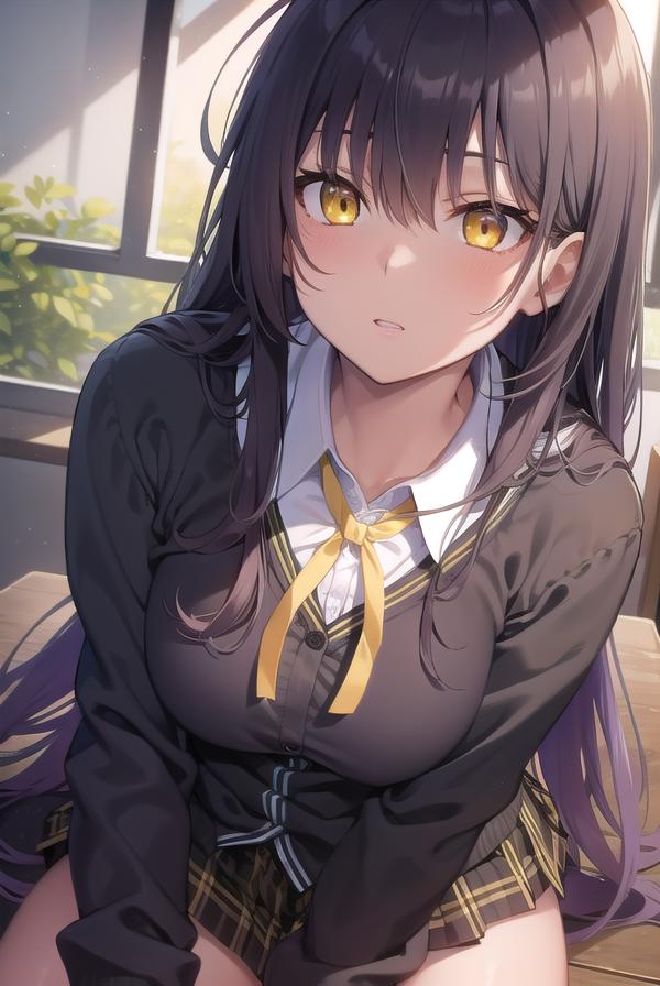 Anime girl with long black hair and yellow eyes sitting on a bench ...