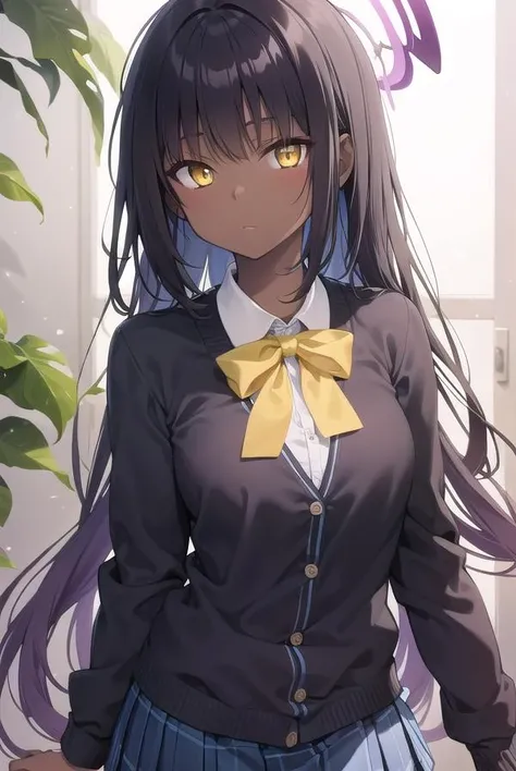 bluearchivekarin, <lora:karin-lora-nochekaiser:1>,
karin, ahoge, black hair, dark skin, dark-skinned female, halo, long hair, (yellow eyes:1.5),
BREAK cardigan, neck ribbon, pleated skirt, ribbon, school uniform, skirt, blue cardigan,
BREAK looking at viewer,
BREAK indoors, classroom,
BREAK <lyco:GoodHands-beta2:1>, (masterpiece:1.2), best quality, high resolution, unity 8k wallpaper, (illustration:0.8), (beautiful detailed eyes:1.6), extremely detailed face, perfect lighting, extremely detailed CG, (perfect hands, perfect anatomy),