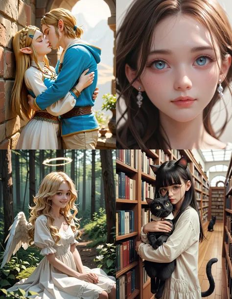 https://civitai.com/articles/5300 ___ All images: score_9, score_8_up, score_7_up ___ 1st image: 1girl, 1boy, Princess_Zelda, \(The_Legend_of_Zelda:_Breath_of_the_Wild\), standing, kiss, hug, closed_eyes ___ 2nd image: 1girl, lovely face, portrait, close-up, looking_at_viewer, closed_mouth ___ 3rd image: 1girl, solo, blonde_hair, wavy_hair, angel, angel_wings, halo, smile, sitting, forest, white_dress ___ 4th Image: 1girl, solo, long_hair, black_hair, blunt_bangs, straight_hair, round_eyewear, cat_girl, cat_ears, cat_tail, standing, hug cat, looking_at_viewer, library