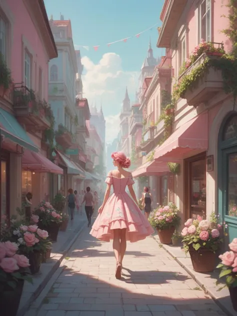 score_9,score_8_up,score_7_up,score_6_up, A dreamy anime girl with pastel pink hair and a flowy dress, walking along a flower-lined city path, her presence adding a touch of whimsy to the modern landscape around her.