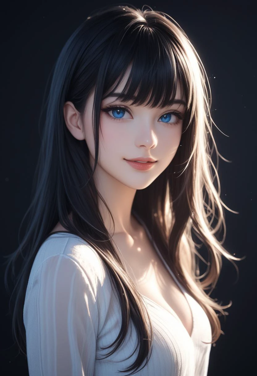 score_9, score_8_up, score_7_up, one sexy girl, realstics,supermodel, long hair, bangs, prefect face, black hair, blue eyes, , look at view, , indoor night,ray lighting,backlightingï,,dark blue tone background,,((black background)),soft lighting, film grain, narrow eyes,slender,epiCPhoto,,,shiny skin,,little smile,,shy,
,cowboyshot,(parted lips:1.2),navel,