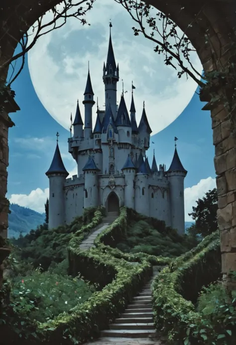 score_9, score_8_up, score_7_up, BREAK, score_6_up, A live-action adaptation of the iconic castle from Disney's 1959 Sleeping Beauty, in 80s dark fantasy style. The castle's tall towers are dark and imposing, covered in thorny vines. The stone walls are ancient and cracked, with an eerie blue glow emanating from the windows. The sky above is stormy, with swirling clouds and a full moon casting a cold, eerie light. The overall aesthetic is inspired by retro, heavy-metal album covers, while the castle’s architecture stays true to the original Disney film.. The overall aesthetic is inspired by retro, heavy-metal album covers, but her appearance stays true to the original Disney design.