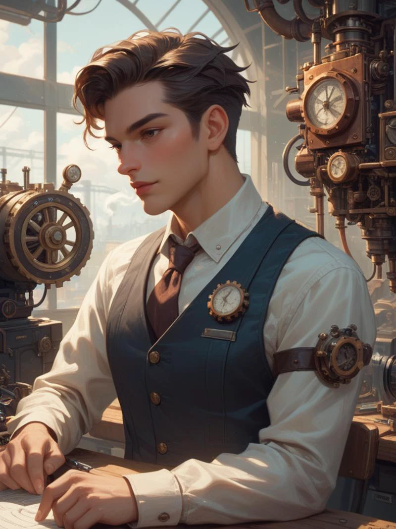 score_9,score_8_up,score_7_up,score_6_up, Steampunk anime portrait of an inventor in their workshop surrounded by intricate machinery and steam-powered inventions, with attention to the details of the gadgets and the inventorâs curious expression, digital composition, trending on ArtStation.