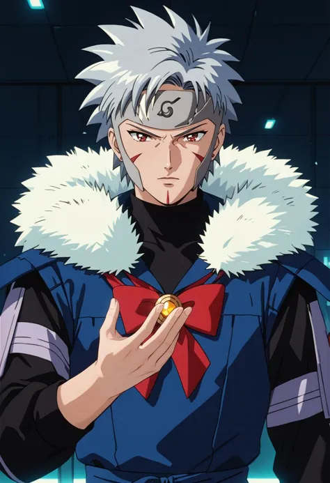 score_9, score_8_up, score_7_up, (masterpiece:1.2), (best quality:1.3), <lora:Tobirama Senju - v1:0.74> 1boy, senju tobirama, grey spiky hair, forehead protector, fur trim, facial mark, red eyes, ninja, dynamic pose, sailor student clothes,  <lora:s41l0rm00nXLP_r1:0.955> s41l0rm00n, retro artstyle, low-key lighting, lo-fi, dark, glow, dynamic cinematic lighting, ray_tracing, global illumination