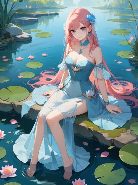 score_9, score_8_up, score_7_up, score_6_up, A serene water nymph in a tranquil pond, dressed in a gown made of water lilies and reeds. Her hair flows like a river, and she has delicate, translucent fins. She sits on a rock by the water's edge, surrounded by koi fish and lotus flowers.