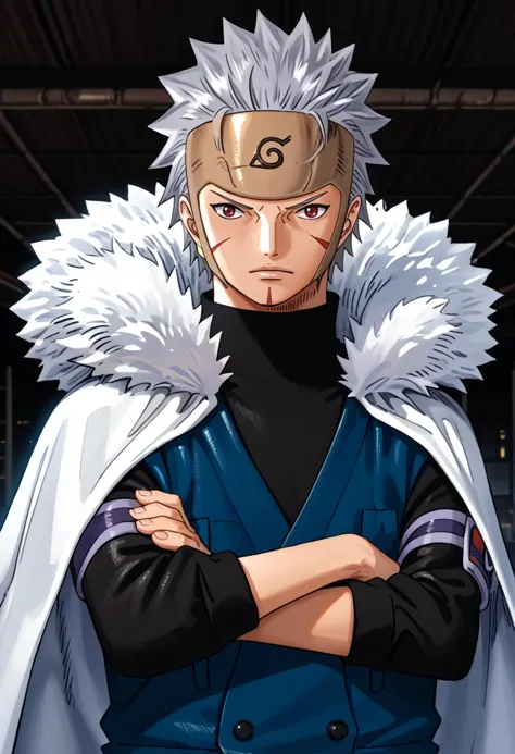 score_9, score_8_up, score_7_up, (masterpiece:1.2), (best quality:1.3), <lora:Tobirama Senju - v1:0.74> 1boy, senju tobirama, grey spiky hair, forehead protector, white marine admiral coat, cloak, fur trim, facial mark, red eyes, ninja, dynamic pose <lora:PONYXL_OnePiece_MangaColored_ownwaifu:0.955> ARTSTYLE_OnePiece_MangaColored_ownwaifu, low-key lighting, lo-fi, dark, glow, dynamic cinematic lighting, ray_tracing, global illumination