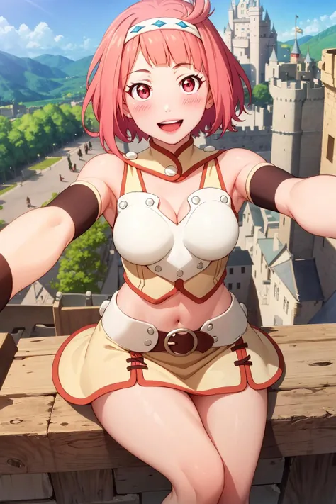masterpiece, best quality, highly quality , <lora:Nina_Drango:0.7> , NnDrng-KJ , hairband, chest armor , miniskirt , brown armband , single wrist cuff , wrist toy , midriff , sitting , from above , selfie , smile , open mouth , blush , (castle background:1.4) , (thighs:1.2)