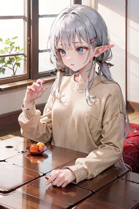 (best quality:1.2) (4k:1.) (highres:1.1) , (ultra detailed CG:1.1) ,
<lora:JAPAN_Scenery_kotatsu_SD15_V3_ResizeDIM8:.8> (kotatsu:1.2) , kotatsu futon , 1girl elf , solo , (detailed face:1) , (silver twintail:1) , (small breasts:1) , sitting , elbow rest , missing legs , dazed , relax , fruits on top board , rug , sweater with long sleeves , hair clip , upper body , looking away , window , indoors , <lora:epiCRealismHelper:1>