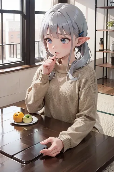 (best quality:1.2) (4k:1.) (highres:1.1) , (ultra detailed CG:1.1) ,
<lora:JAPAN_Scenery_kotatsu_SD15_V3_ResizeDIM8:.8> (kotatsu:1.2) , kotatsu futon , 1girl elf , solo , (detailed face:1) , (silver twintail:1) , (small breasts:1) , sitting , elbow rest , missing legs , dazed , relax , fruits on top board , rug , sweater with long sleeves , hair clip , upper body , looking away , window , indoors , <lora:epiCRealismHelper:1>