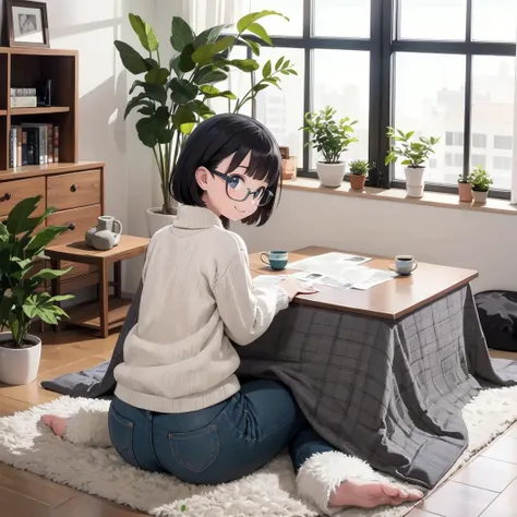 best quality, ultra-detailed, illustration, glasses, smile,
kotatsu, plant, indoors, solo, black hair, sitting, potted plant, 1girl, cup, sweater, food, newspaper, long sleeves, from behind, window, grey sweater, rug,
<lora:JAPAN_Scenery_kotatsu_SD15_V3_ResizeDIM8:0.6>
