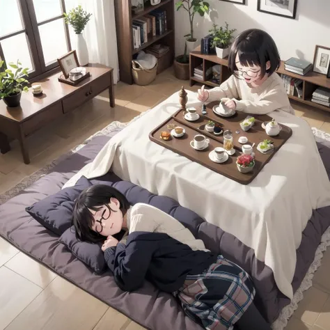 best quality, ultra-detailed, illustration, glasses, smile,
kotatsu, 2girls, book, indoors, window, black hair, cup, basket, teapot, clock, sweater, plant, couch, closed eyes, pillow, lying, open book, sleeping, short hair, food, sitting,
<lora:JAPAN_Scenery_kotatsu_SD15_V3_ResizeDIM8:0.6>