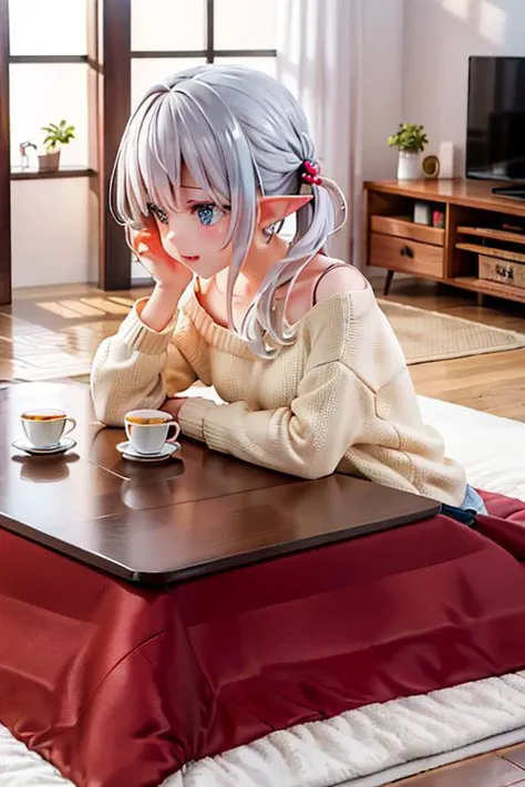 (best quality:1.2) (4k:1.) (highres:1.1) , (ultra detailed CG:1.1) ,
<lora:JAPAN_Scenery_kotatsu_SD15_V3_ResizeDIM8:.8> (kotatsu:1.2) , kotatsu futon , 1girl elf , solo , (detailed face:1) , (silver twintail:1) , (small breasts:1) , sitting , elbow rest , missing legs , dazed , relax , fruits on top board , rug , sweater with long sleeves , hair clip , upper body , looking away , window , indoors , <lora:epiCRealismHelper:1>