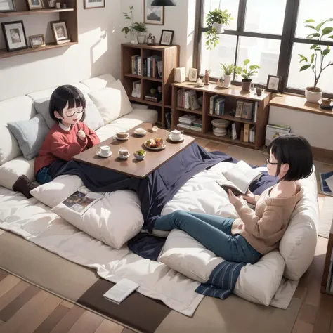 best quality, ultra-detailed, illustration, glasses, smile,
kotatsu, 2girls, book, indoors, window, black hair, cup, basket, teapot, clock, sweater, plant, couch, closed eyes, pillow, lying, open book, sleeping, short hair, food, sitting,
<lora:JAPAN_Scenery_kotatsu_SD15_V3_ResizeDIM8:0.6>