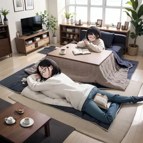 best quality, ultra-detailed, illustration, glasses, smile,
kotatsu, 2girls, book, indoors, window, black hair, cup, basket, teapot, clock, sweater, plant, couch, closed eyes, pillow, lying, open book, sleeping, short hair, food, sitting,
<lora:JAPAN_Scenery_kotatsu_SD15_V3_ResizeDIM8:0.6>