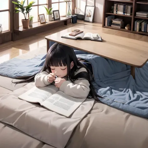 best quality, ultra-detailed, illustration,
kotatsu, 1girl, book, solo, long hair, black hair, indoors, closed eyes, lying, cup, open book, reading, realistic, holding, window, long sleeves, blanket,
<lora:JAPAN_Scenery_kotatsu_SD15_V3:0.6>