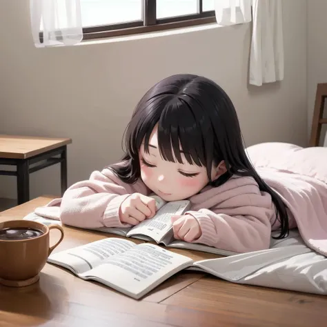 best quality, ultra-detailed, illustration,
kotatsu, 1girl, book, solo, long hair, black hair, indoors, closed eyes, lying, cup, open book, reading, realistic, holding, window, long sleeves, blanket,
<lora:JAPAN_Scenery_kotatsu_SD15_V3:0.8>