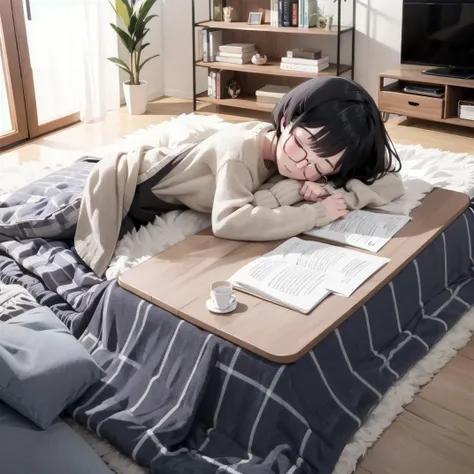 best quality, ultra-detailed, illustration, glasses,
kotatsu, 1girl, solo, black hair, cup, book, closed eyes, sleeping, sweater, short hair, open book, long sleeves, indoors, sitting, food,
<lora:JAPAN_Scenery_kotatsu_SD15_V3:0.8>