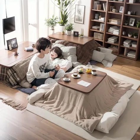 best quality, ultra-detailed, illustration,
kotatsu, 1girl, 1boy, plant, indoors, cup, brown hair, window, book, potted plant, black hair, sitting, sweater, long sleeves, short hair, mug, shirt, newspaper, holding, rug,
<lora:JAPAN_Scenery_kotatsu_SD15_V3:0.8>