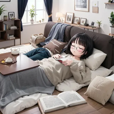 best quality, ultra-detailed, illustration, glasses,
kotatsu, 1boy, 1girl, book, indoors, window, black hair, cup, basket, teapot, clock, sweater, plant, couch, closed eyes, pillow, lying, open book, sleeping, short hair, food, sitting,
<lora:JAPAN_Scenery_kotatsu_SD15_V3:0.8>