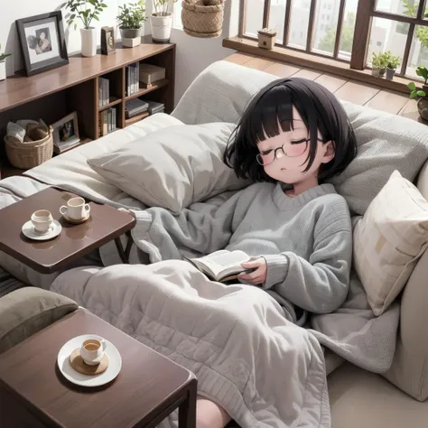 best quality, ultra-detailed, illustration, glasses,
kotatsu, 1boy, 1girl, book, indoors, window, black hair, cup, basket, teapot, clock, sweater, plant, couch, closed eyes, pillow, lying, open book, sleeping, short hair, food, sitting,
<lora:JAPAN_Scenery_kotatsu_SD15_V3:0.8>