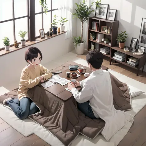 best quality, ultra-detailed, illustration,
kotatsu, 1girl, 1boy, plant, indoors, cup, brown hair, window, book, potted plant, black hair, sitting, sweater, long sleeves, short hair, mug, shirt, newspaper, holding, rug,
<lora:JAPAN_Scenery_kotatsu_SD15_V3:0.8>