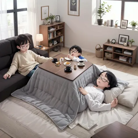 best quality, ultra-detailed, illustration, glasses,
kotatsu, 1boy, 1girl, book, indoors, window, black hair, cup, basket, teapot, clock, sweater, plant, couch, closed eyes, pillow, lying, open book, sleeping, short hair, food, sitting,
<lora:JAPAN_Scenery_kotatsu_SD15_V3:0.8>