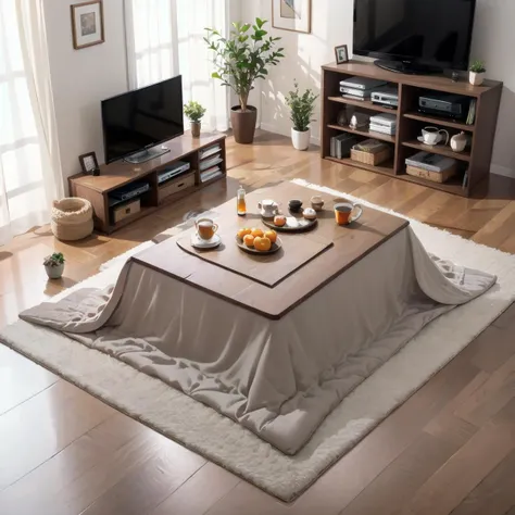 best quality, ultra-detailed, illustration,
kotatsu, indoors, television, rug, wooden floor, book, blanket, carpet, mandarin orange, cup, orange (fruit), bowl, teapot,
<lora:JAPAN_Scenery_kotatsu_SD15_V3:0.6>