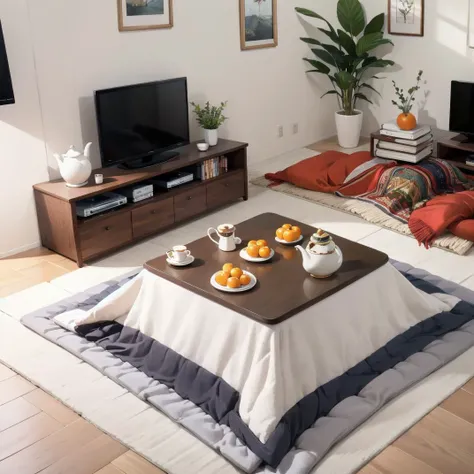 best quality, ultra-detailed, illustration,
kotatsu, indoors, television, rug, wooden floor, book, blanket, carpet, mandarin orange, cup, orange (fruit), bowl, teapot,
<lora:JAPAN_Scenery_kotatsu_SD15_V3:0.6>