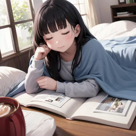 best quality, ultra-detailed, illustration,
kotatsu, 1girl, book, solo, long hair, black hair, indoors, closed eyes, lying, cup, open book, reading, realistic, holding, window, long sleeves, blanket,
<lora:JAPAN_Scenery_kotatsu_SD15_V3:0.6>