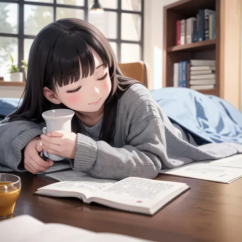 best quality, ultra-detailed, illustration,
kotatsu, 1girl, book, solo, long hair, black hair, indoors, closed eyes, lying, cup, open book, reading, realistic, holding, window, long sleeves, blanket,
<lora:JAPAN_Scenery_kotatsu_SD15_V3:0.6>