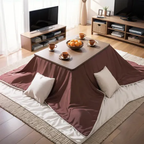 best quality, ultra-detailed, illustration,
kotatsu, indoors, television, rug, wooden floor, book, blanket, carpet, mandarin orange, cup, orange (fruit), bowl, teapot,
<lora:JAPAN_Scenery_kotatsu_SD15_V3:0.6>