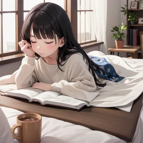 best quality, ultra-detailed, illustration,
kotatsu, 1girl, book, solo, long hair, black hair, indoors, closed eyes, lying, cup, open book, reading, realistic, holding, window, long sleeves, blanket,
<lora:JAPAN_Scenery_kotatsu_SD15_V3:0.6>