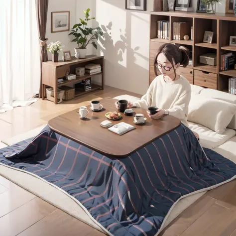 best quality, ultra-detailed, illustration, glasses,
kotatsu, 1girl, solo, cup, indoors, pillow, sitting, brown hair, closed eyes, realistic, window, couch, ponytail,
<lora:JAPAN_Scenery_kotatsu_SD15_V3:0.8>