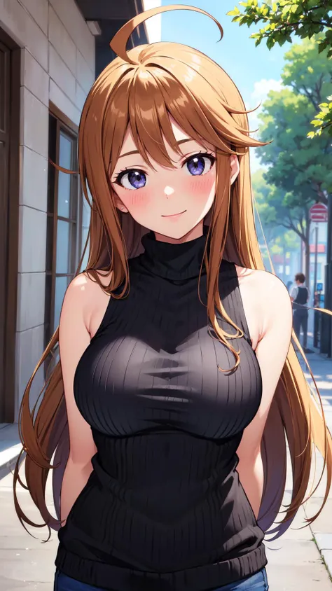(masterpiece, best quality, ultra detailed), (perfect face, detailed face), (detailed background, complex background:1.2), full-face blush, smile, looking at viewers,
<lora:megumi_tokoro_v1:0.8> megumi tokoro, ahoge, long hair, cowboy shot, tilt head, sweater, turtleneck, sleeveless, hand behind back, black sweater, armpits,
(outdoors)