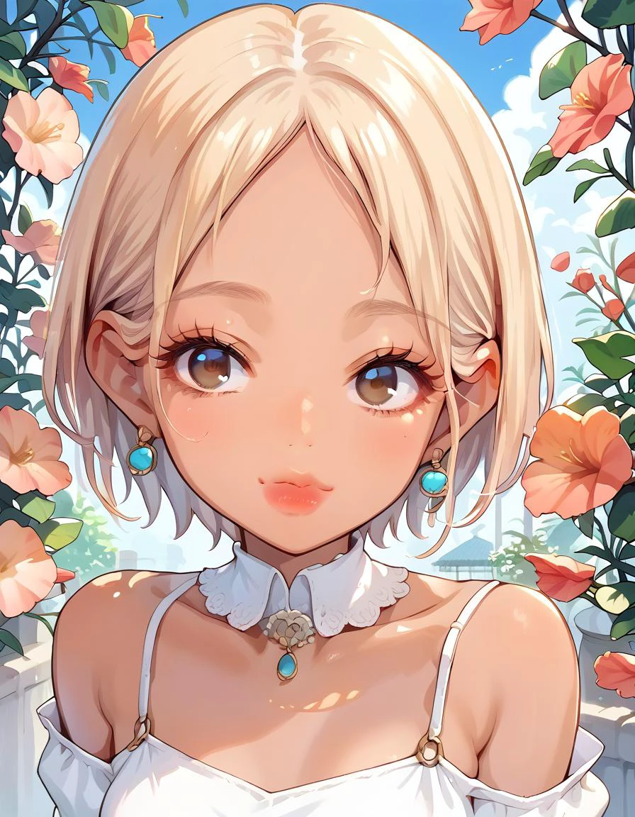 score_9, score_8_up, score_7_up, score_6_up, anime, face close up, a girl, matte coral lips, false eyelashes, dark skin tone, subtle smile, garden, Victoria, dress, source_anime <lora:makeup_master_pony_v1:1>