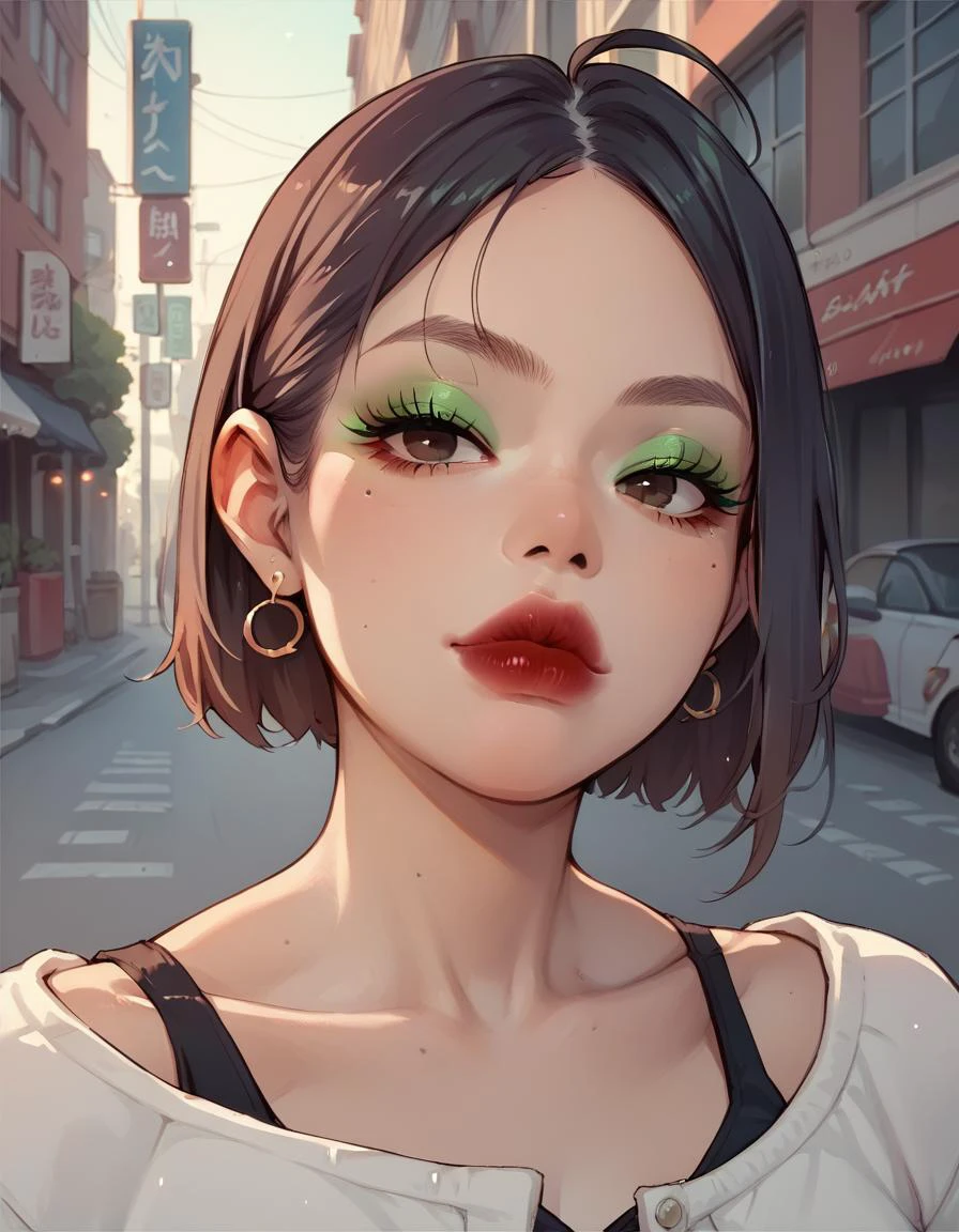score_9, score_8_up, score_7_up, score_6_up, anime, face close up, a girl, dark red lips, matte lips, false eyelashes, green eyeshadow, on the street, busy city, source_anime<lora:makeup_master_pony_v1:0.8>