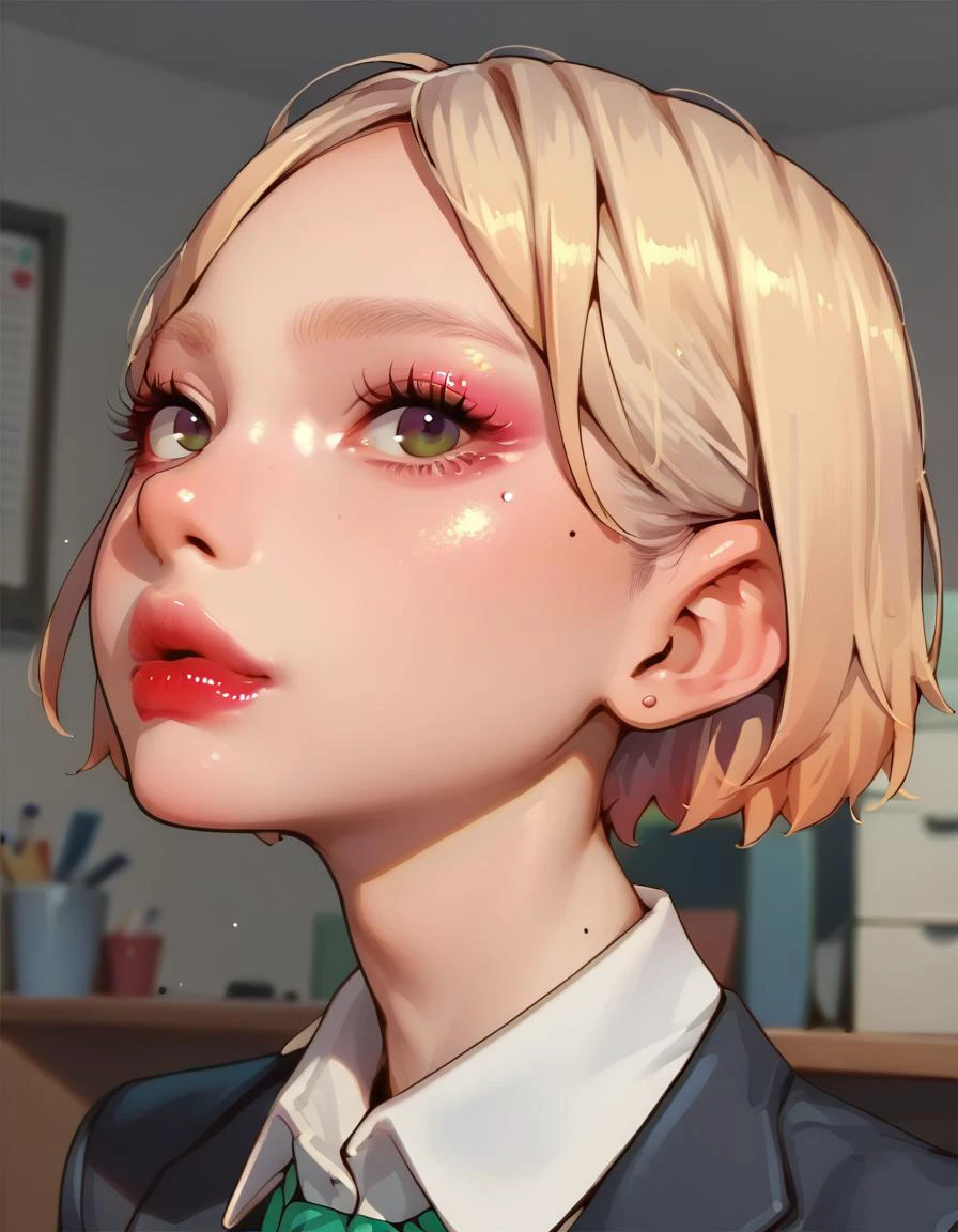 score_9, score_8_up, score_7_up, score_6_up, anime, face close up, a girl, profile view, looking at the viewer, glossy red lips, gradient_lips_a, dewy skin, glitter eyeshadow, office, source_anime<lora:makeup_master_pony_v1:0.8>