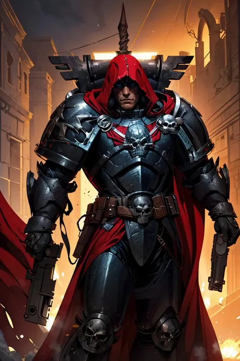cinematic shot, masterpiece, best quality, high quality, shadowy face, 1boy, (detailed armor:1.3),wearing cypher armor, hood details, red cape, full armor, black armor, black trimmings, skull ornament, holding gun, pointing gun, tall stature, dark ambiance, armor detail, scenery ,<lora:CYPHER MK1 by CARAXES:0.8>,<lyco:GoodHands-beta2:1>,<lora:add_detail:0.3>,
