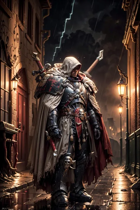photo of 1boy, cypher, full armor, pauldron, black armor, armor details, skull ornament,  red trimmings, hood, cape, carrying sword on back, sheathed sword, tall stature, <lora:tool - add_detail:1> 
standing by dark alley, dim light, dark ambiance, rain,   <lora:CYPHER MK1 by CARAXES:0.75>