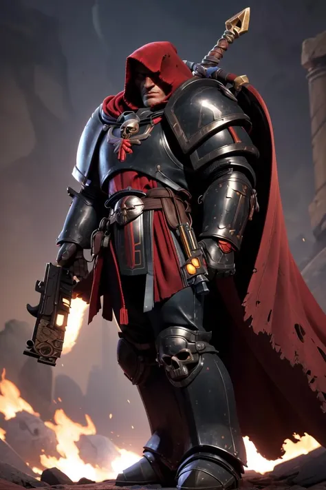 cinematic shot, masterpiece, best quality, high quality, shadowy face, 1boy, (detailed armor:1.3),wearing cypher armor, hood details, red cape, full armor, black armor, black trimmings, skull ornament, holding gun, pointing gun, tall stature, dark ambiance, armor detail, scenery ,<lora:CYPHER MK1 by CARAXES:0.8>,<lyco:GoodHands-beta2:1>,<lora:add_detail:0.3>,