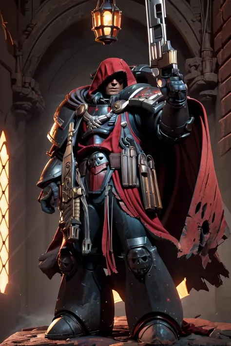 cinematic shot, masterpiece, best quality, high quality, shadowy face, 1boy, (detailed armor:1.3),wearing cypher armor, hood details, red cape, full armor, black armor, black trimmings, skull ornament, holding gun, pointing gun, tall stature, dark ambiance, armor detail, scenery ,<lora:CYPHER MK1 by CARAXES:1>,<lyco:GoodHands-beta2:1>,<lora:add_detail:0.3>,