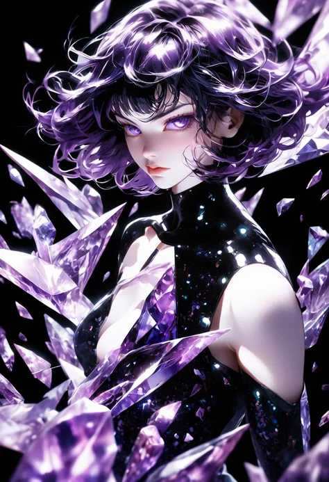 black background,spotlight,glare,amethyst,houseki no kuni,glass,professional horror photograph of beautiful,2girls,twins,purple short hair,purple eyes,upper body,purple glass debris,purple eyes,upper body,purple glass debris,detailed purpure-black hair,(wind effect:1.5),super model,slender,intricate medium breasts,(perfect anatomy, anatomically correct, human anatomy, proportionate body),with intricately detailed ogres,inspired by Chanel Thomas and André Masson,<lora:DreamARTSDXL:1>,